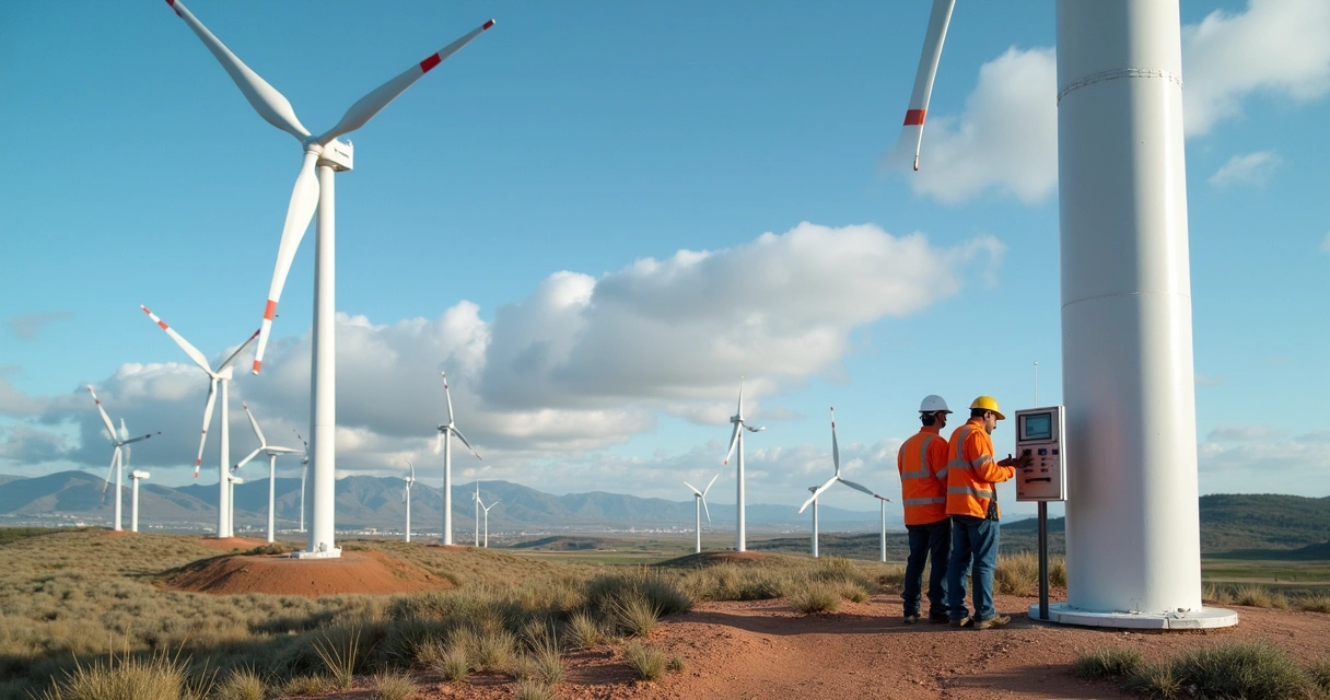 Technicians checking wind turbines in a Spanish field 