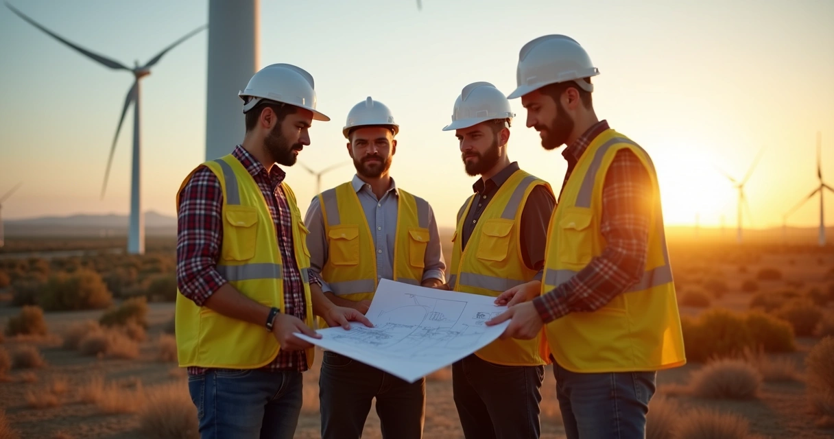 Wind turbine technical team reviewing blueprints outdoors 