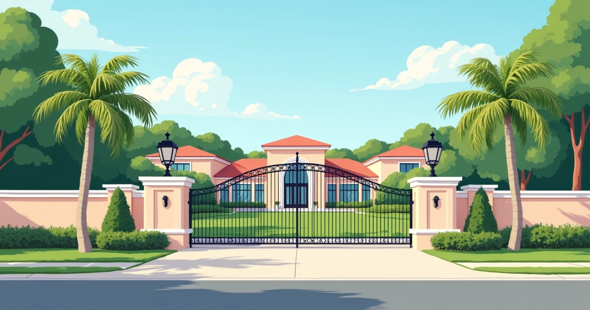 Illustration of a luxury condominium in Windermere, with guardhouse, sports field, and spacious houses 