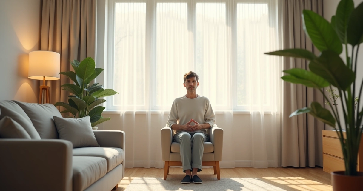 Calm room with window light and a person orienting attention to the space 