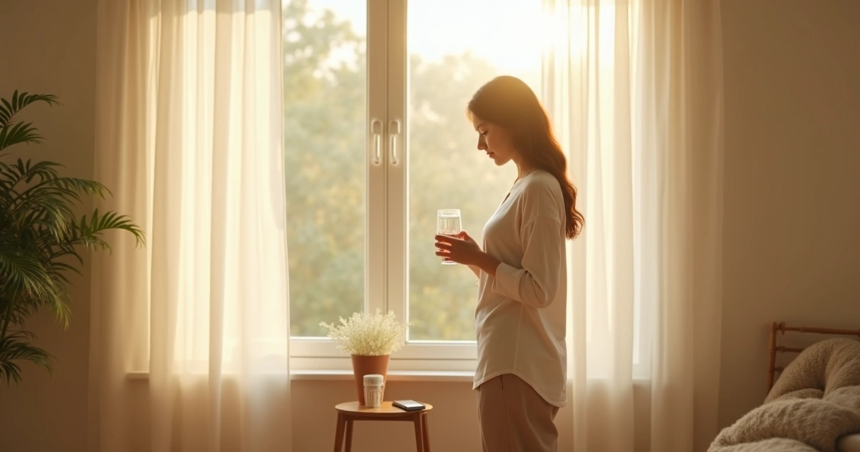 Person pausing by a window in morning light