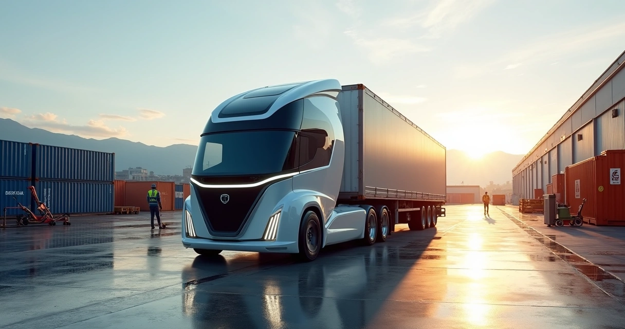 Caminhão elétrico Windrose e700 carregando contêiner em terminal logístico no Chile 