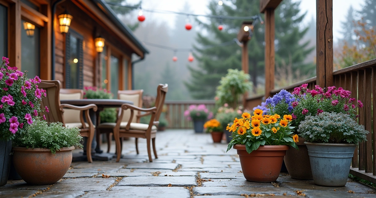 Colorful winter annuals in patio containers