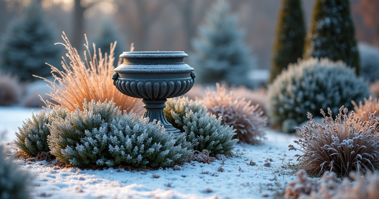 Winter garden border with urn and dried grasses as focal point