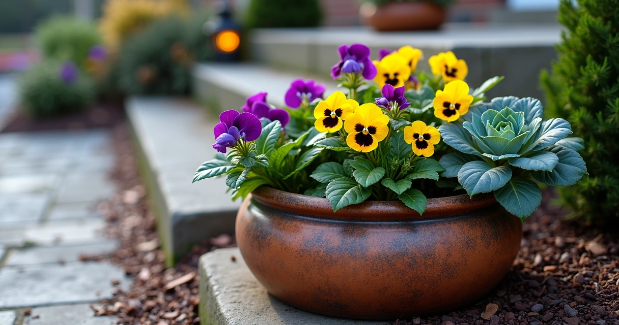 Winter container garden with colorful flowers