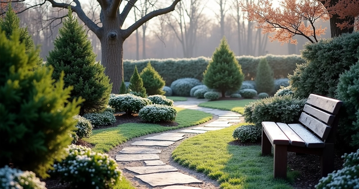 Winter garden with evergreen shrubs and winding stone path