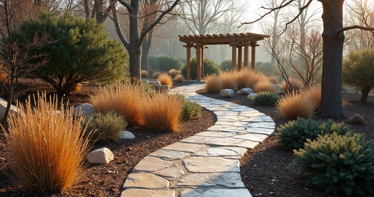 Stone pathway winding through winter plants and evergreens