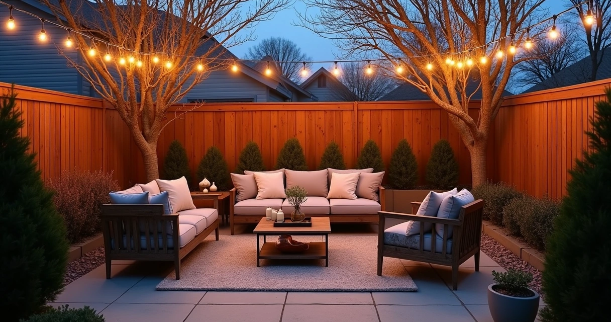 Outdoor garden with string lights and cozy seating in winter evening