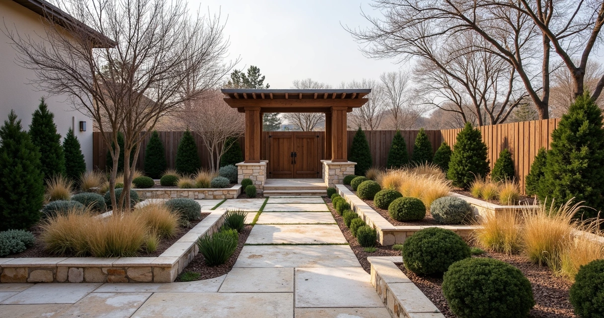 Raised stone garden beds with evergreen shrubs and winter grass