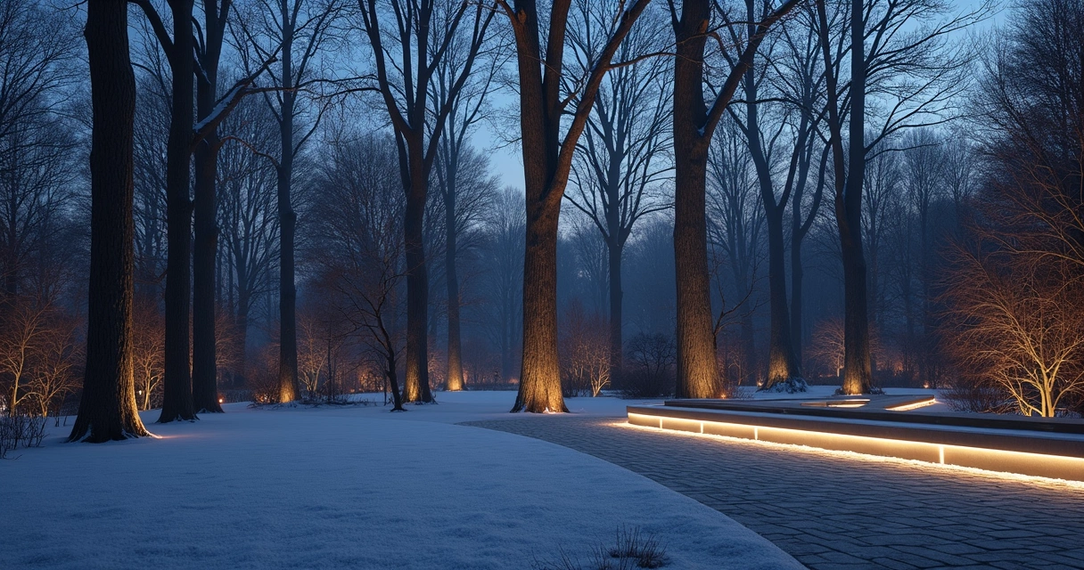 Uplighting on bare winter trees in a modern garden