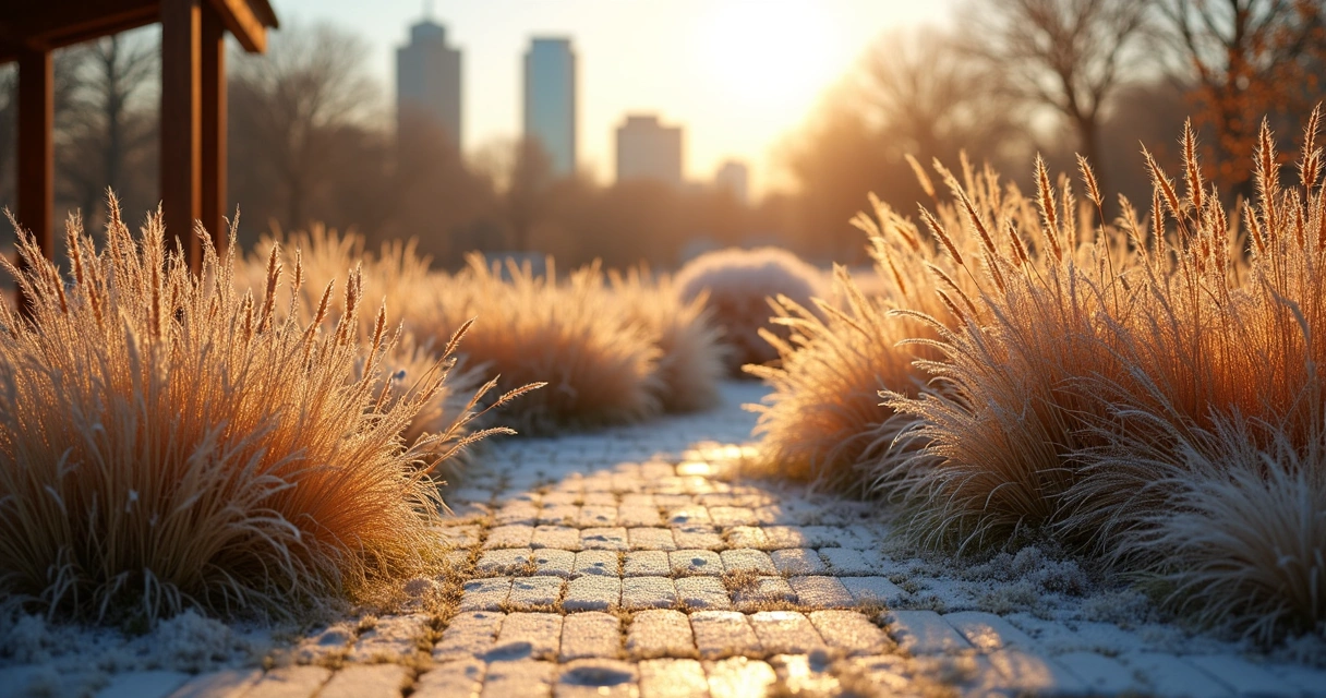 Ornamental grasses glowing in morning light in winter Austin garden