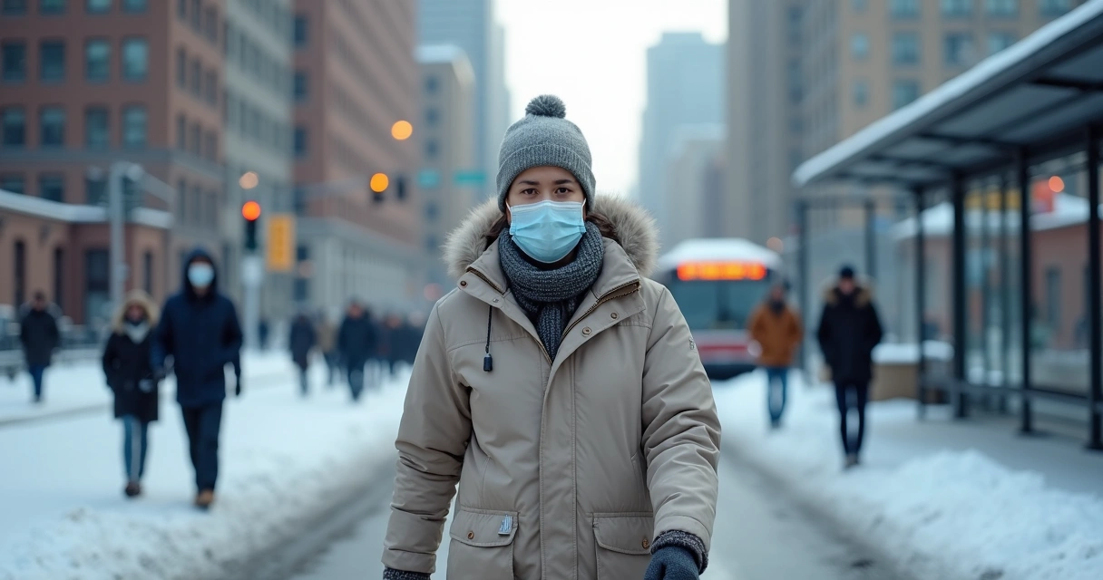 Person walking in winter city wearing warm clothes and medical mask 