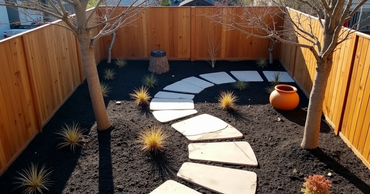 Fresh mulch spread in a winter garden bed with dormant plants and a small stone path