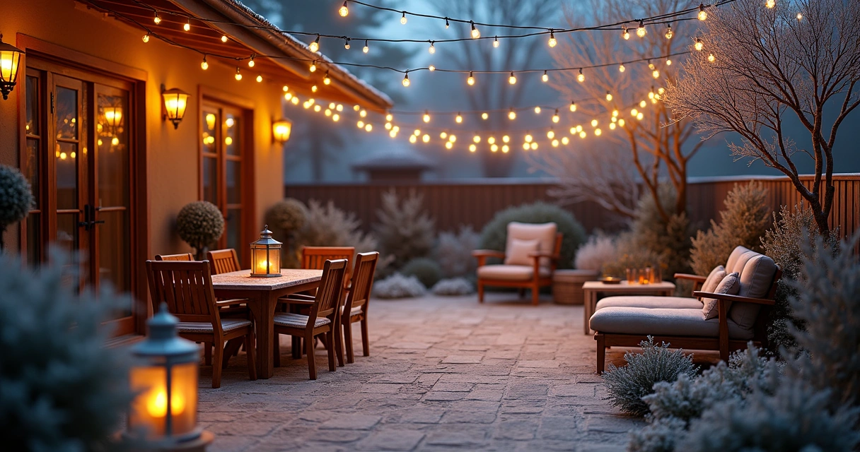 Cozy winter patio with string lights and glowing lanterns