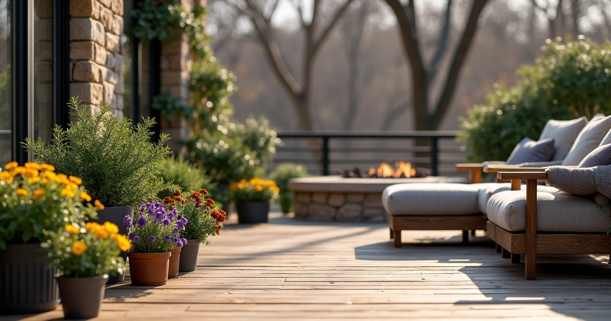 Assorted winter patio plants arranged on a wooden deck in Austin