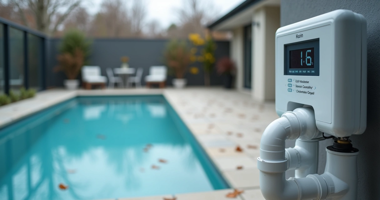 Salt water chlorinator unit beside quiet residential pool on a cool winter day 