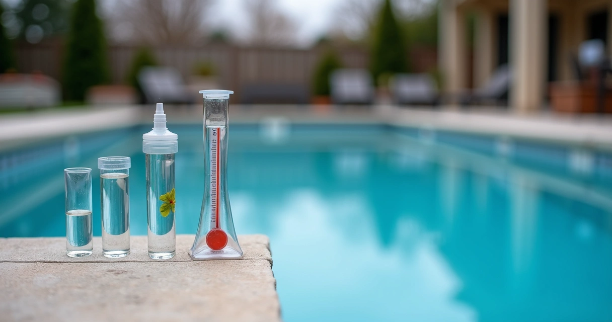 Pool water test kit beside a calm backyard pool in winter 