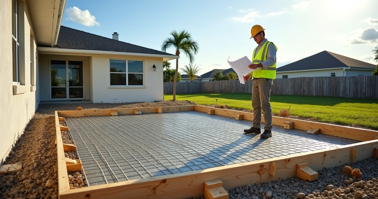 Contractor placing wire mesh over gravel base for Florida concrete slab 