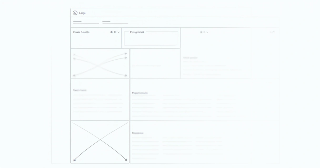 Wireframe de website com cabeçalho, menu de navegação e seções de conteúdo em fundo claro.
