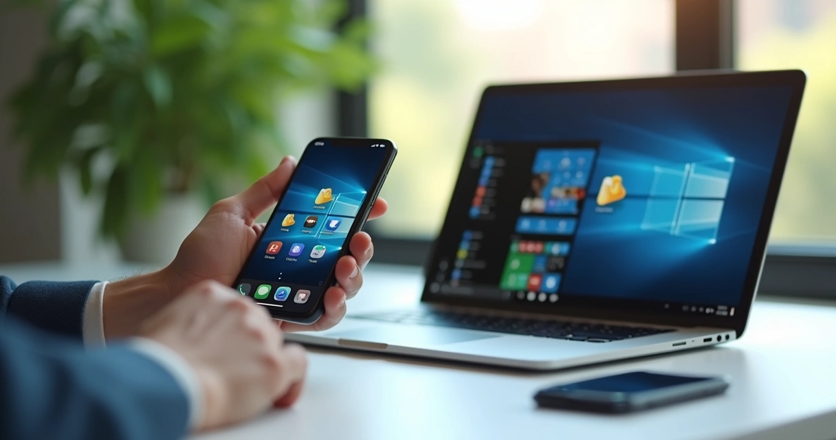 Person using smartphone to share files wirelessly with laptop 