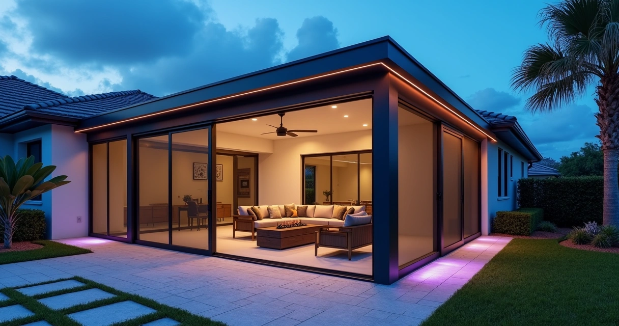 Modern Florida patio enclosure with color-changing LED lighting at dusk 