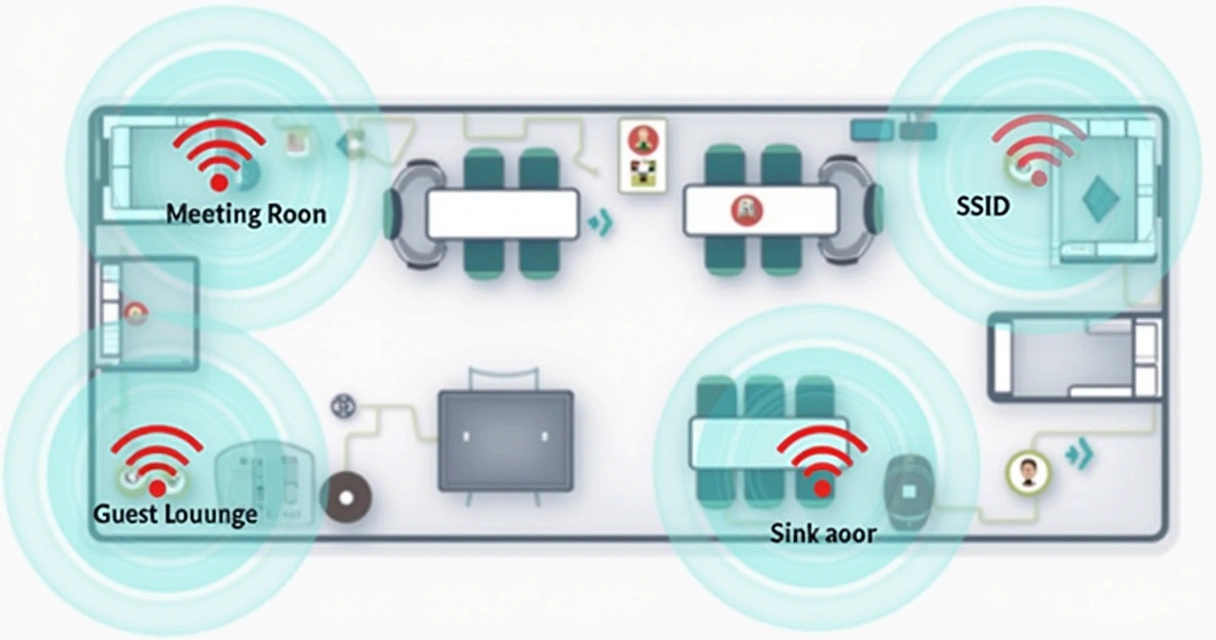 Wireless network segmented by SSID with mapped areas and icons for each access