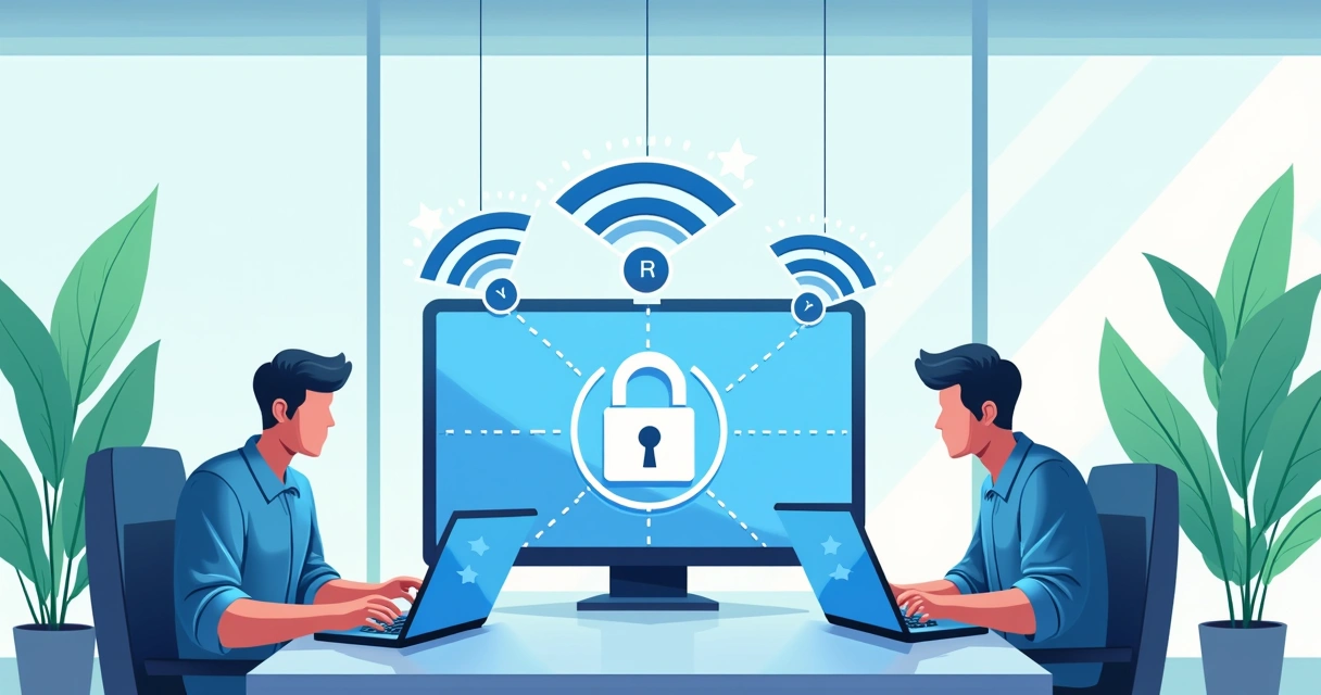 Equipe de TI configurando segurança wireless em escritório