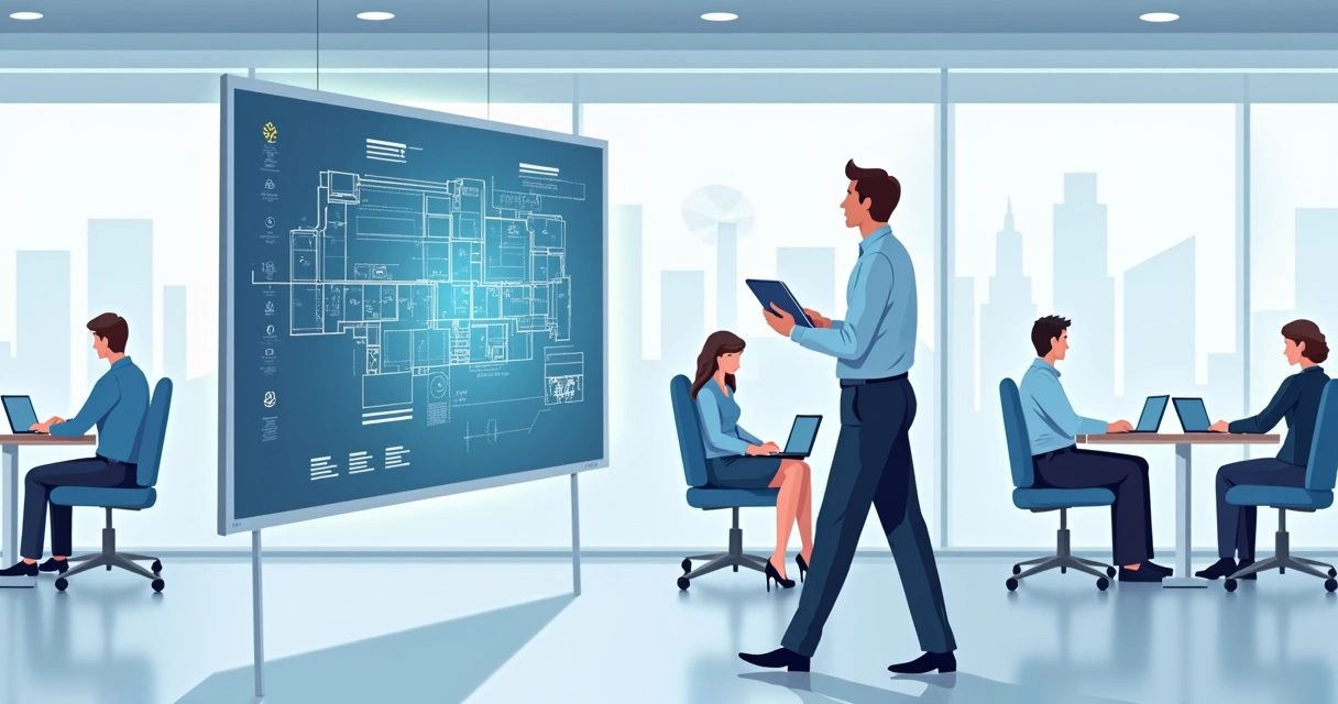 Técnico analisando cobertura Wi-Fi na planta de escritório 