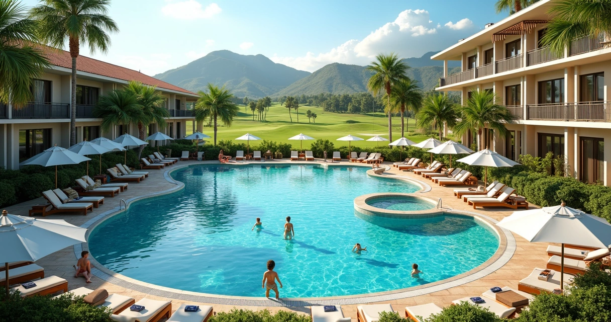 Piscinas do resort com vista para jardim e campo de golfe 