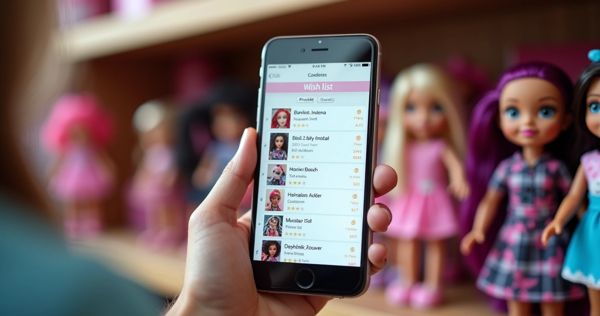 Tela de aplicativo mostrando lista de desejos de bonecas 
