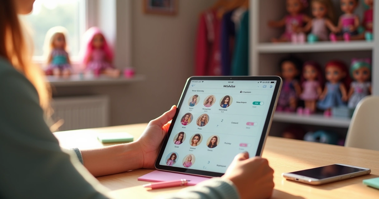 Colecionadora organizando wishlist de bonecas em aplicativo no tablet rodeado por bonecas coloridas 