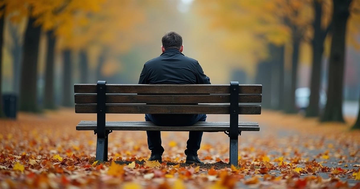 Person sitting alone on a bench in a park, back to the camera, withdrawn amidst blurred surroundings.