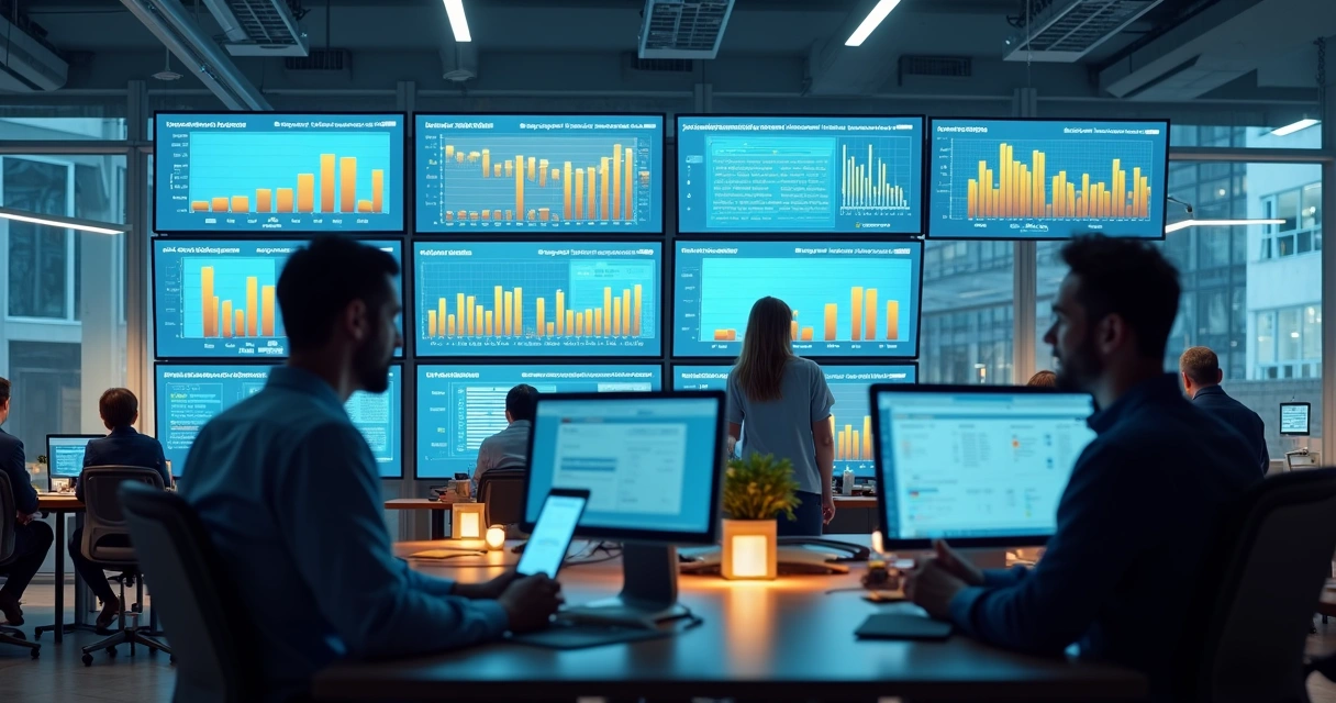 Tela de monitoramento de processos de um WMS em um escritório moderno