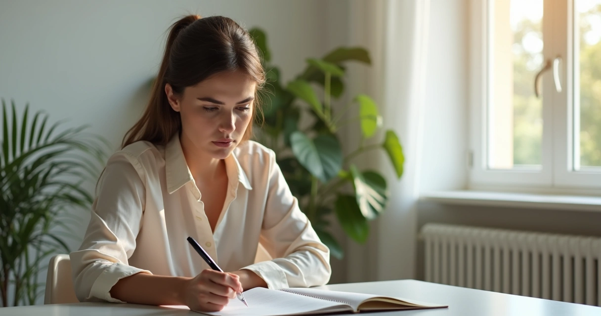 Woman sitting with reflective posture in bright room, holding a notebook. 
