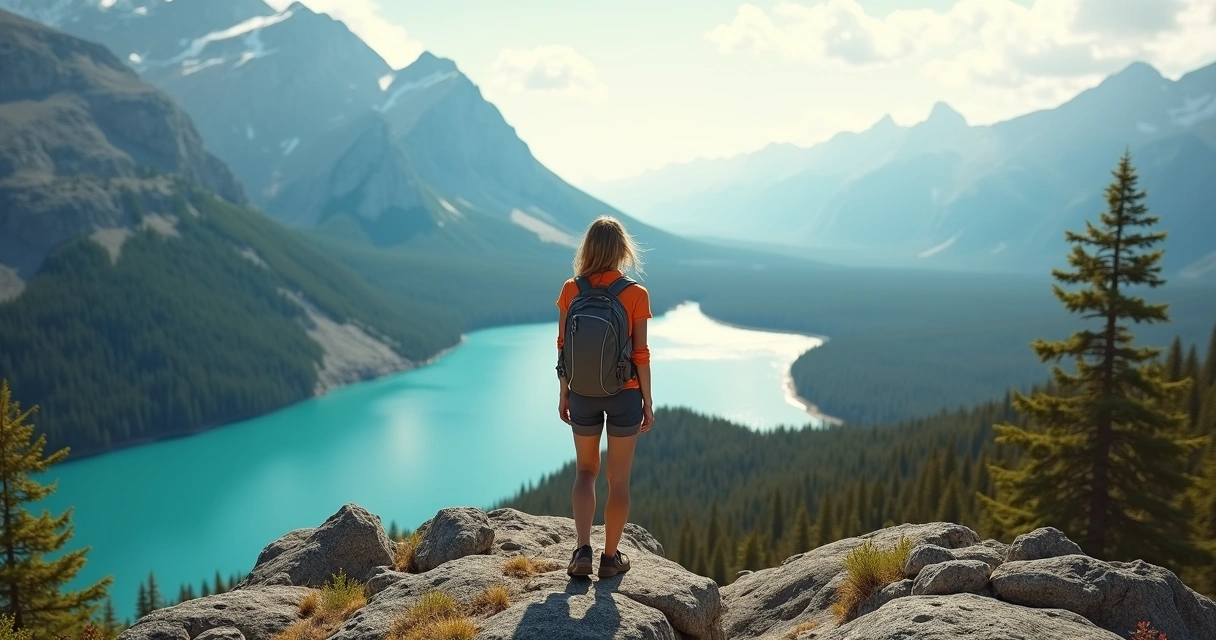 Woman standing alone on a mountain overlooking a lake 