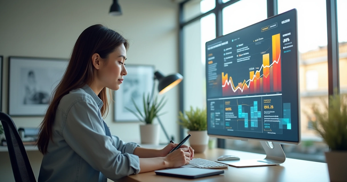 Woman analyzing digital niche options on multiple screens with charts and graphs around her 