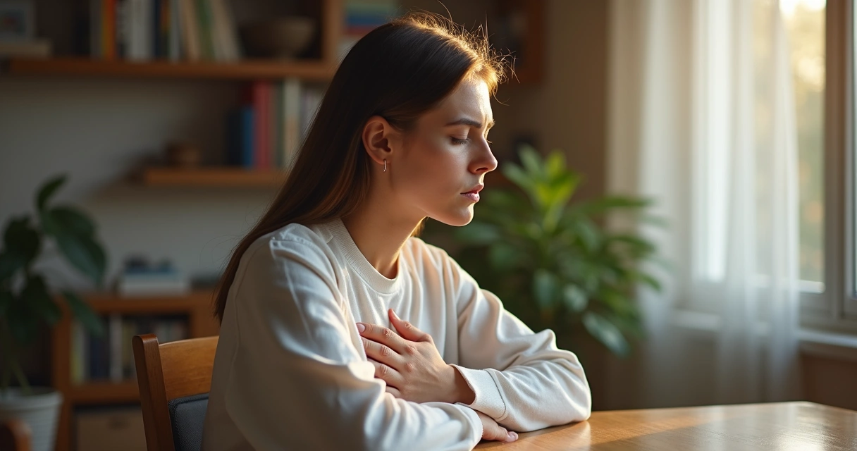 Woman sitting with her hand on her chest, focused on her breathing while looking tense. 