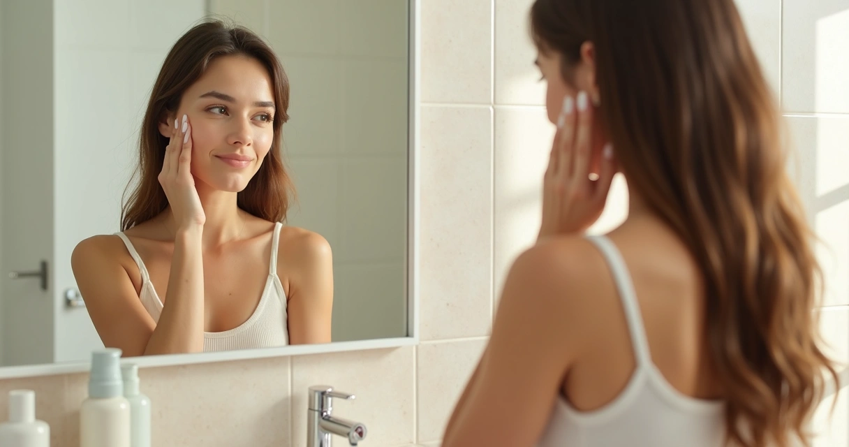 Woman applying sunscreen to her face in front of a mirror 