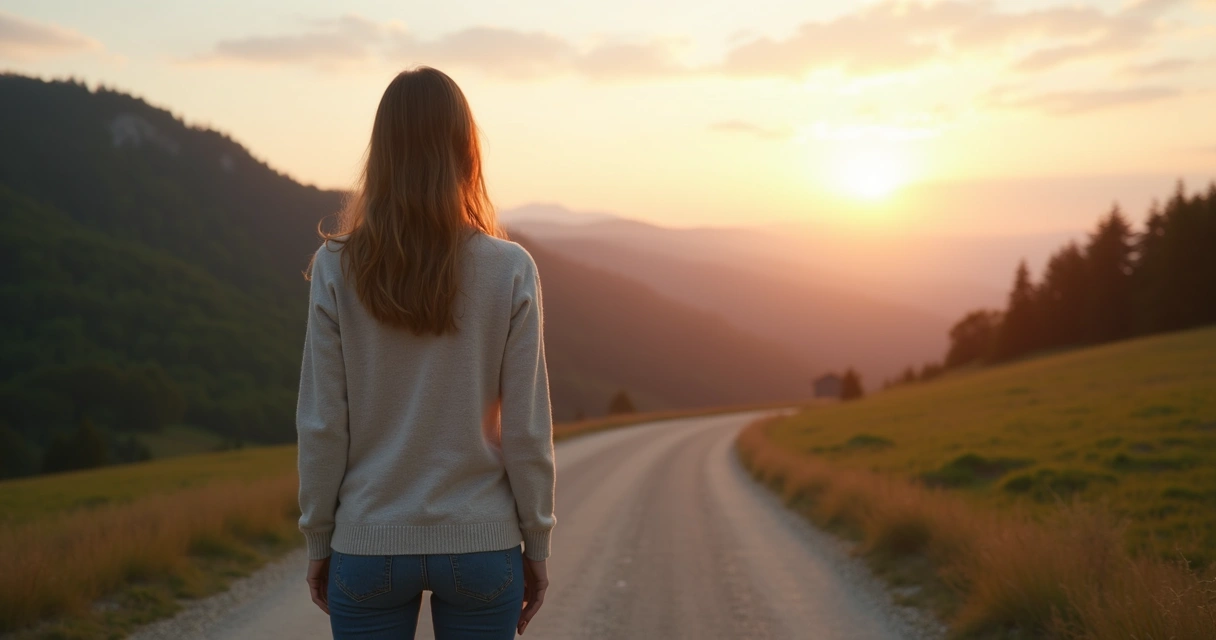 Woman standing at a crossroads contemplating a conscious decision 