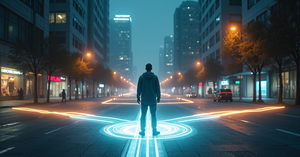 Person standing at a glowing crossroads in a city at night 