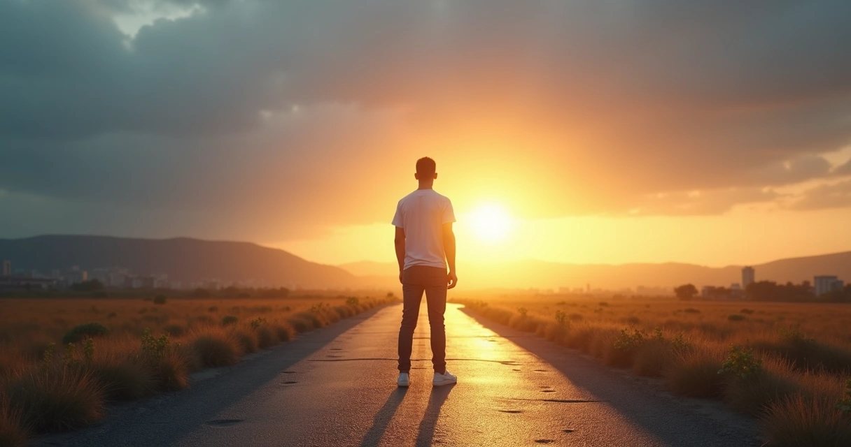 Person standing at a crossroads at sunrise, leaving a shadowy path behind and facing a brighter path ahead 