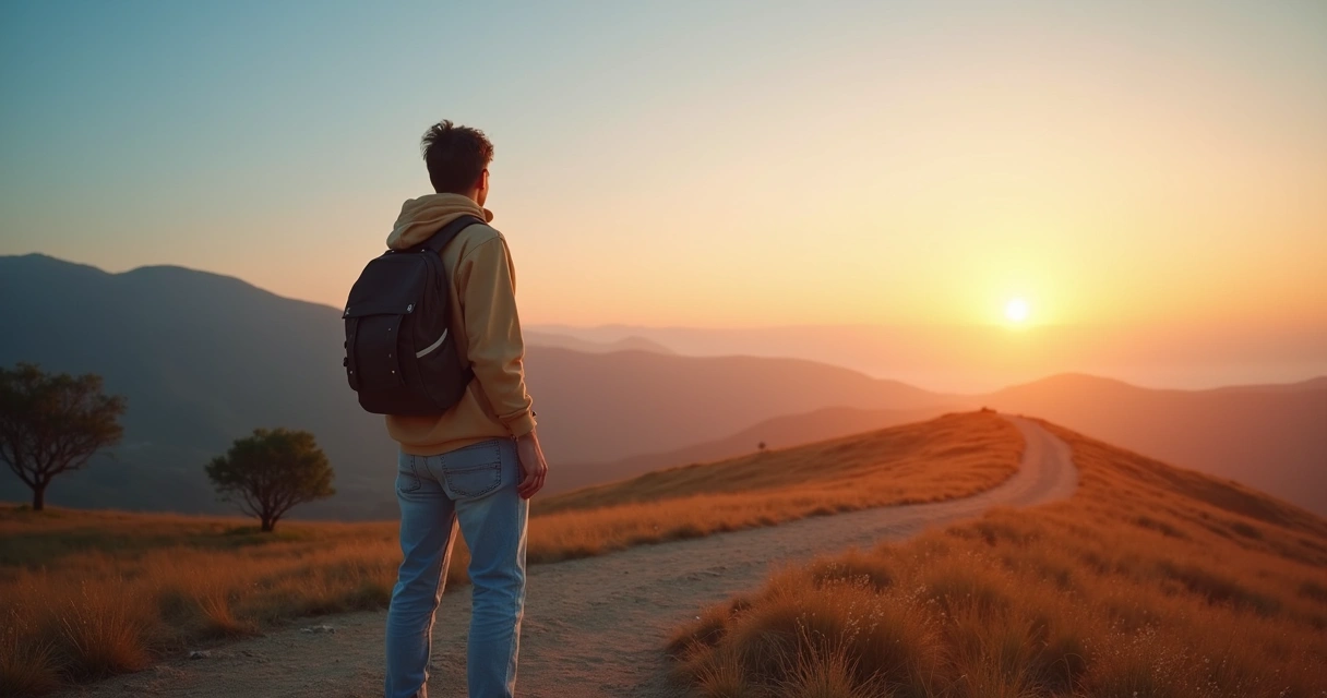 Person standing at a crossroads at sunrise contemplating a new path 