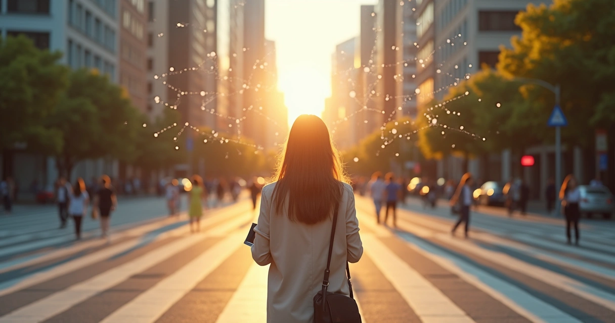 Woman at a city crossroads surrounded by subtle systemic connections 