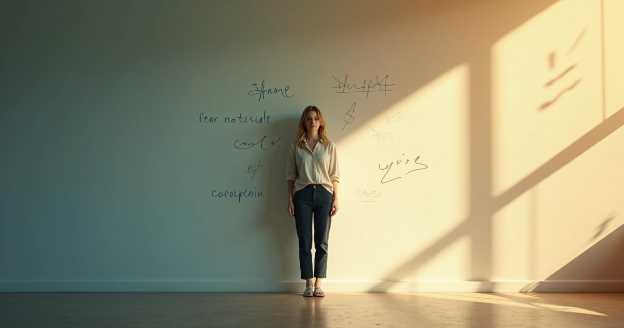 Woman standing on a split shadow wall symbolizing inner obstacles to self-expression 