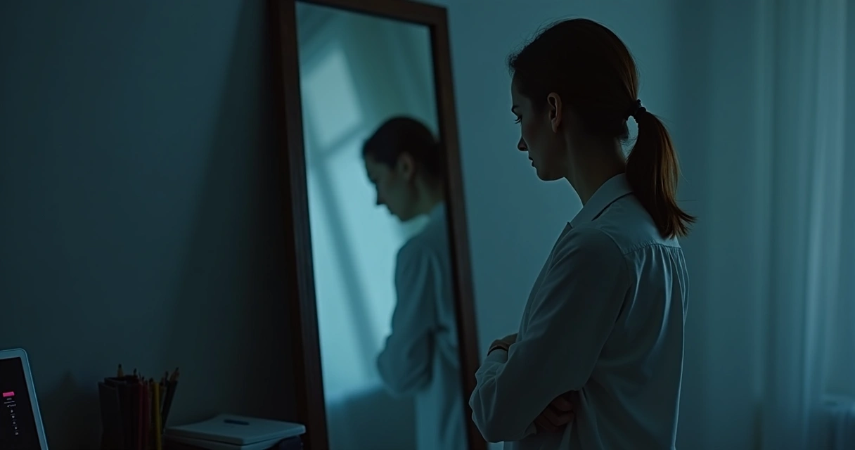 Woman turning away from a mirror, trying not to look at her reflection, with a shadowy background and soft light. 