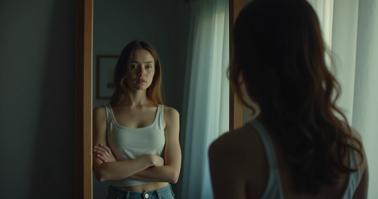 Woman standing uneasily in front of a mirror, looking away