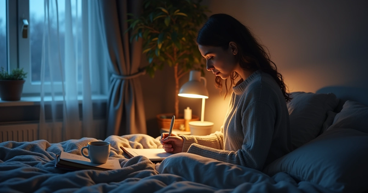 Woman journaling at bedside with a warm lamp. 