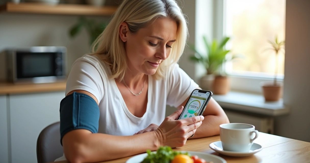 Woman checking blood pressure and using smartphone app