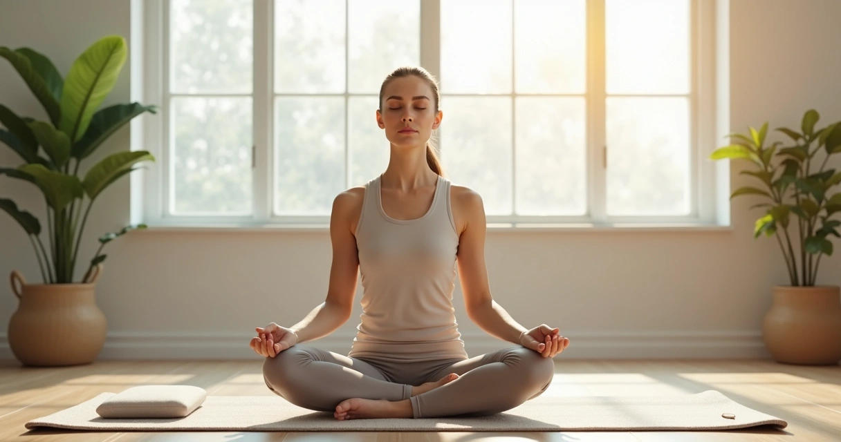 Woman sitting on a mat in a calm room, eyes closed, focusing inward
