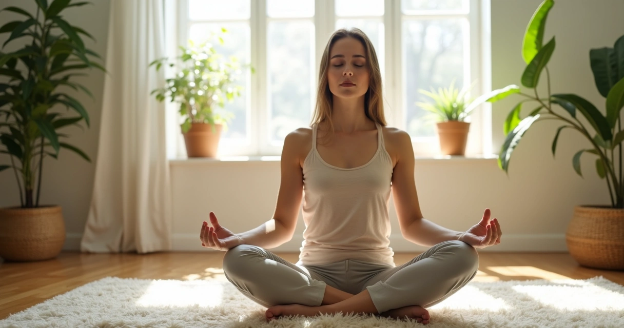 Woman sitting cross-legged with eyes closed, practicing box breathing by holding her hand on her chest.